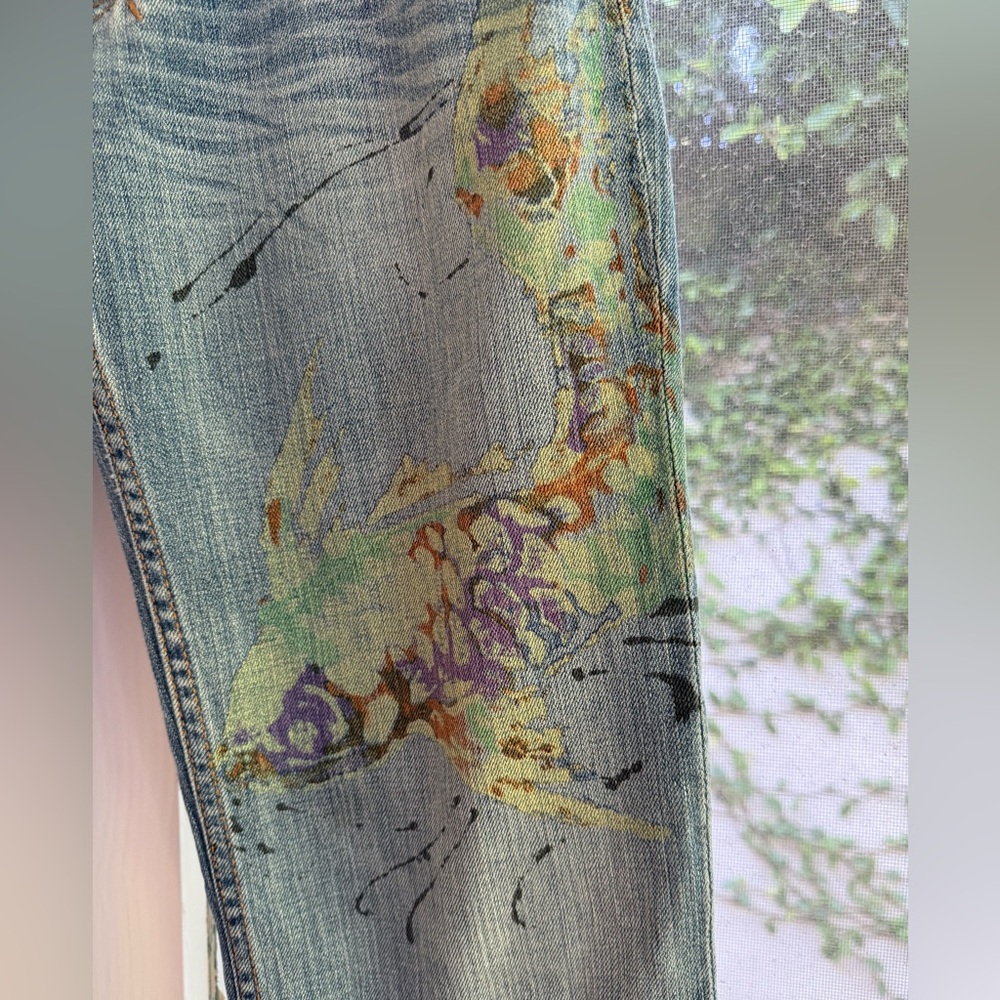 Vintage Y2K Allen B. By Allen Schwartz Watercolor Koi Fish Low Rise Flare Jeans - Picture 3 of 15